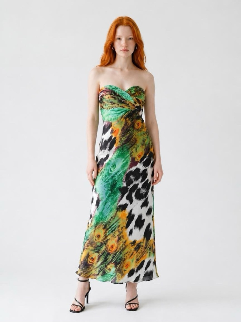 Cinderella Strapless Peacock-Print Maxi Dress in Green, Yellow and Black
